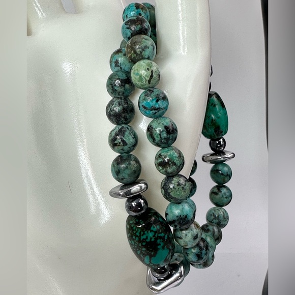 AFRICAN TURQUOISE + HEMATITE NATURAL STONES BRACELET SZ 7” set - Picture 3 of 10
